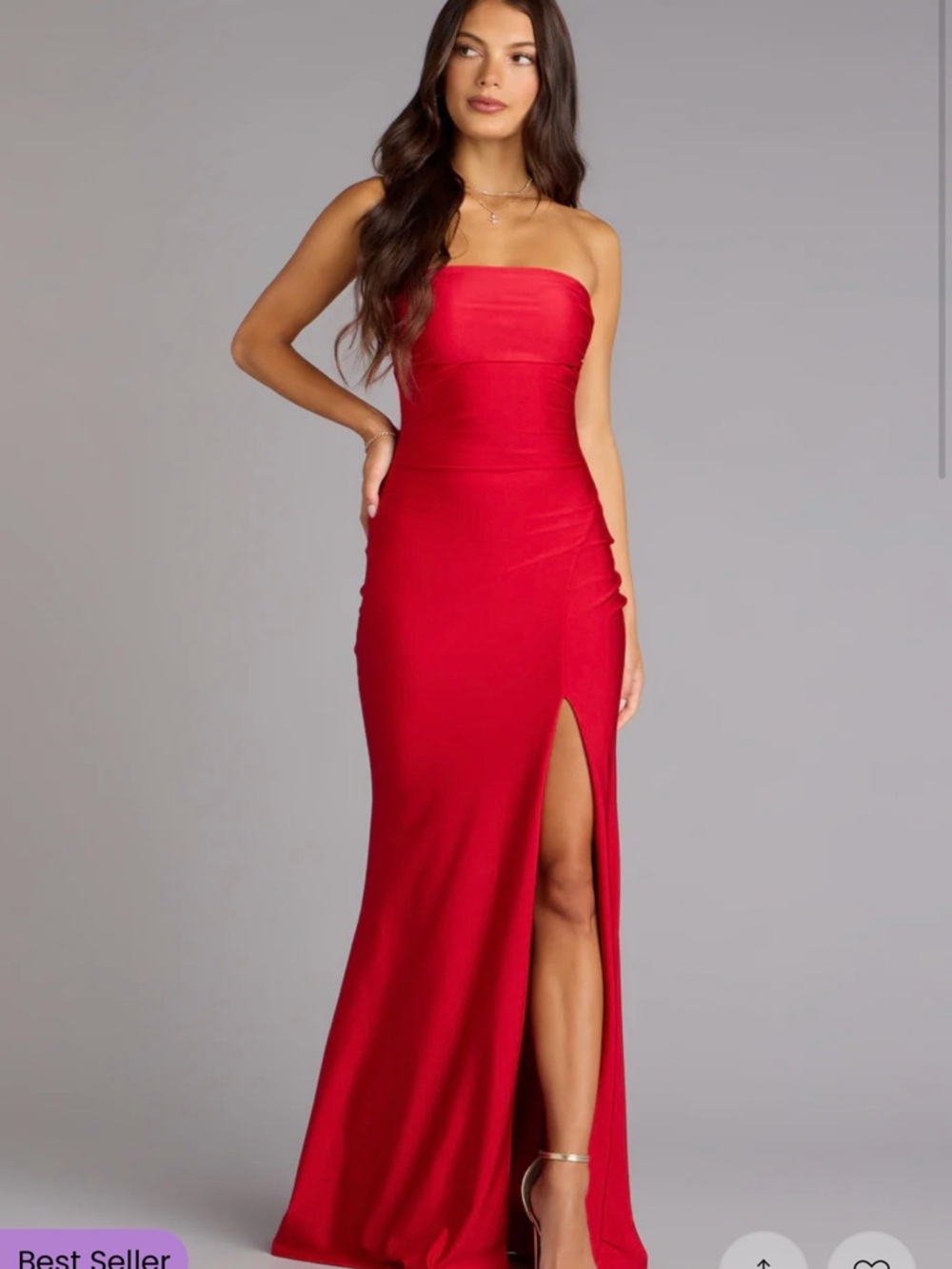 Strapless Red Evening Gown with High Thigh Slit